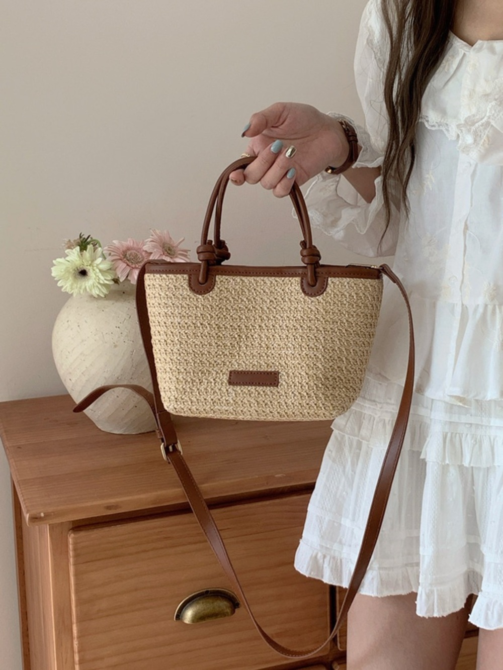 Woven Straw Tote Bag with Brown Trim - Picture 3 of 5
